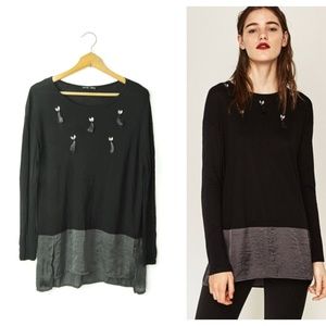 ZARA black long sleeve Tassel Jeweled tunic top size M